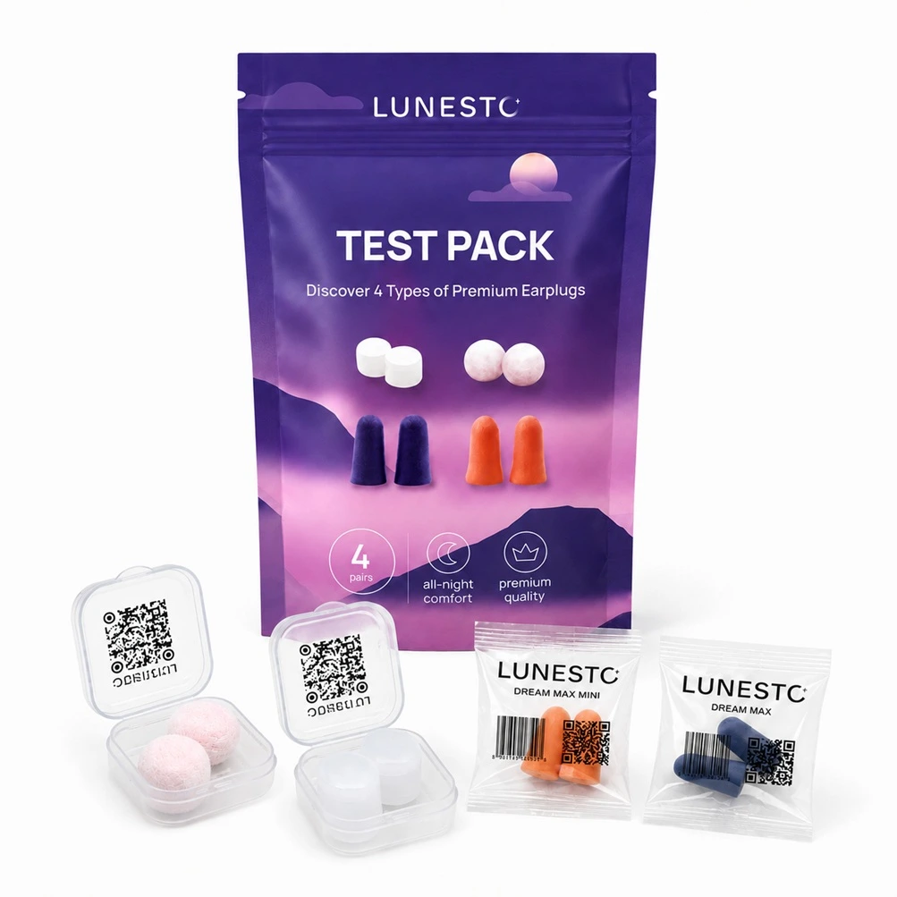 Inhalt des Lunesto Test Pack Schaumstoff Wachs und Silikon Ohrstöpsel
